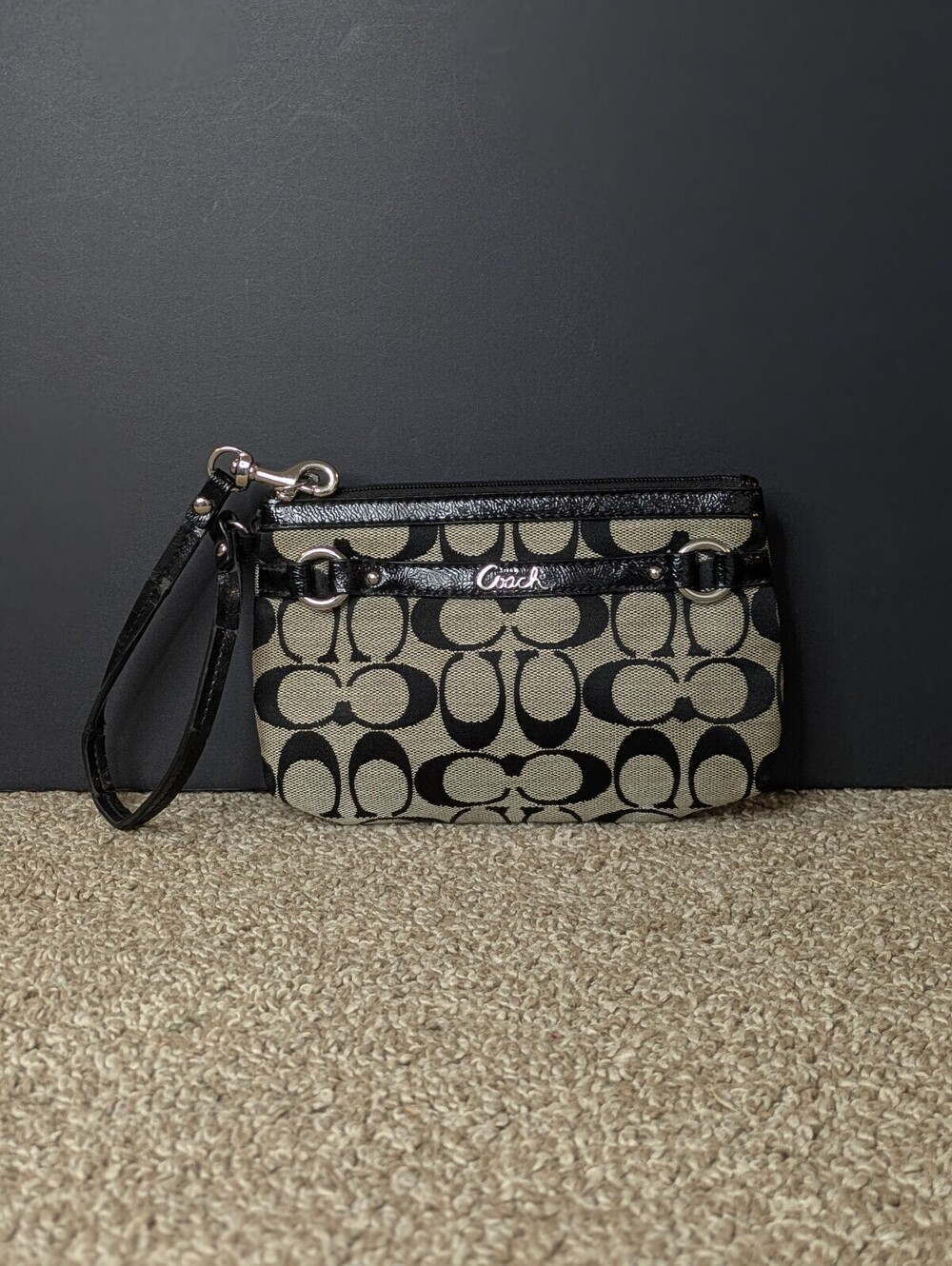 Coach Gallery F48299 Y2K Wristlet Bag Black Gray Signature Monogram Jacquard